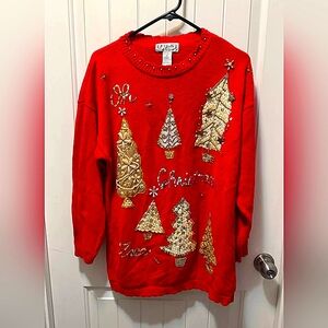 Vintage 80’s P' Galli Red Christmas Sweater Trees Berries Beaded Jumper Size LG